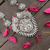 Vriksham Designer Krishna & Peacock Oxidized Silver With Black Thread Neckpiece-Red-S988